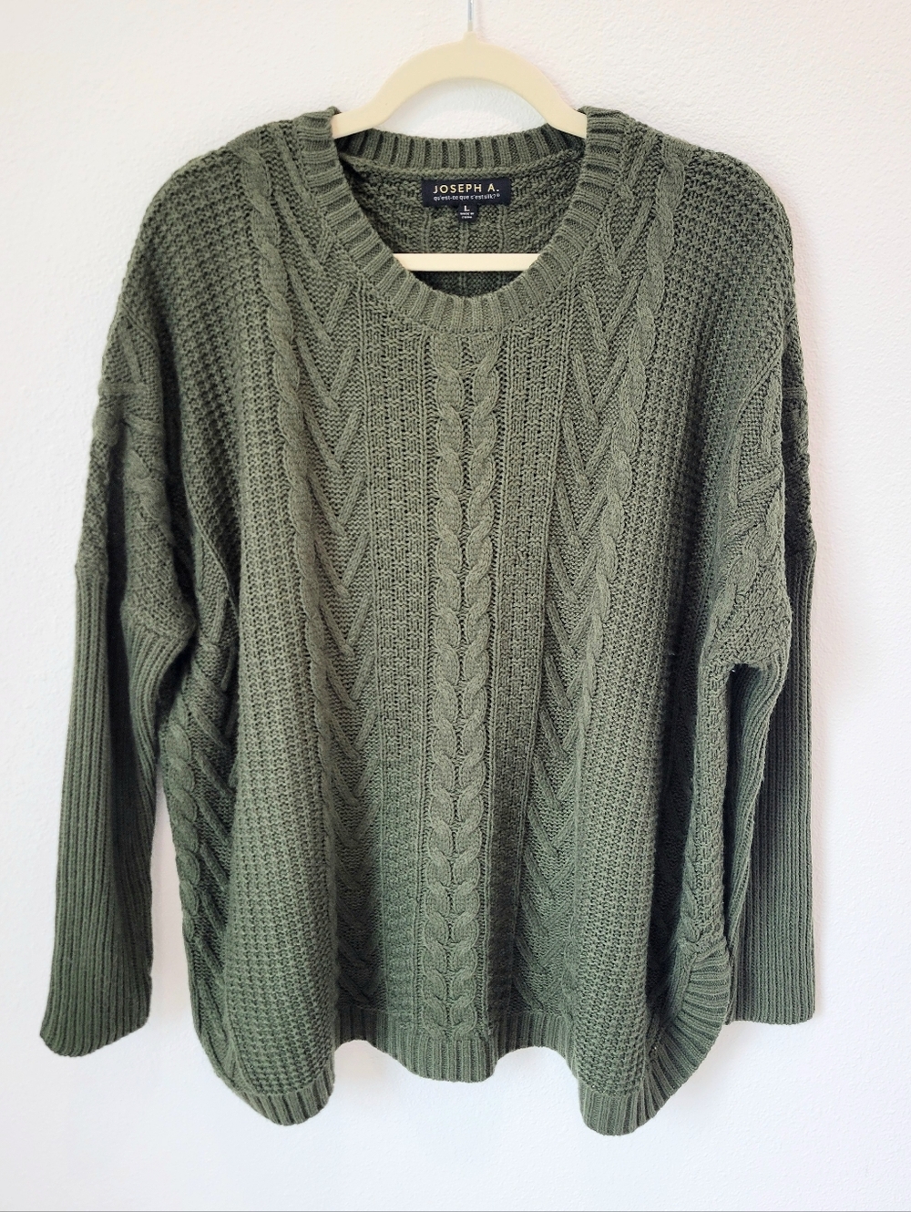 Joseph A. Cable Knit Sweater Womens L Forest Green Crewneck